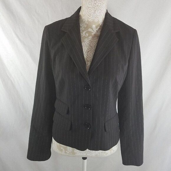 How Wen 10 Black Pinstripe 3 Button Fitted Blazer Jacket Lace Trim - Picture 1 of 10
